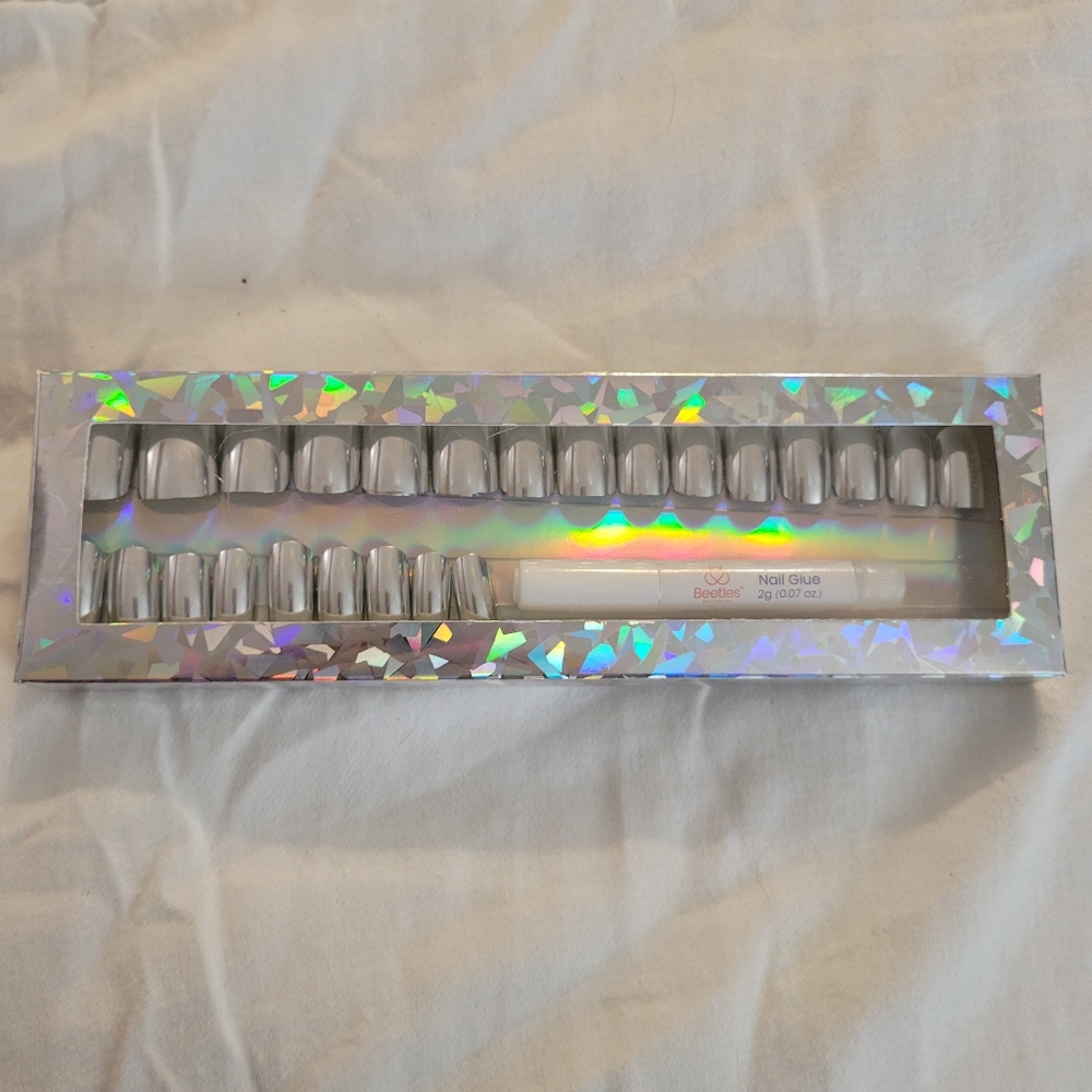 SILVER CHROME MIRROR PRESS ON GLUE ON NAILS 💅 SALON QUALITY GLUE & FILE - Picture 12 of 14